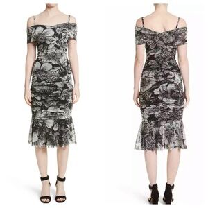 Fuzzi Print Tulle Floral Ruched Off Shoulder Dress